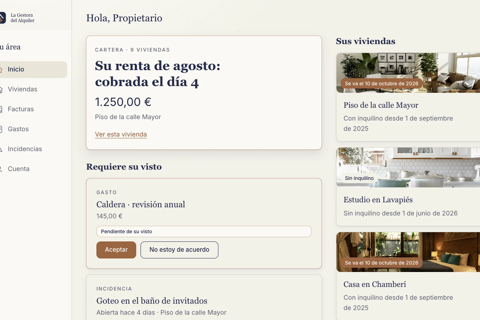 Panel del propietario de La Gestora del Alquiler mostrando la renta del mes cobrada el día 4