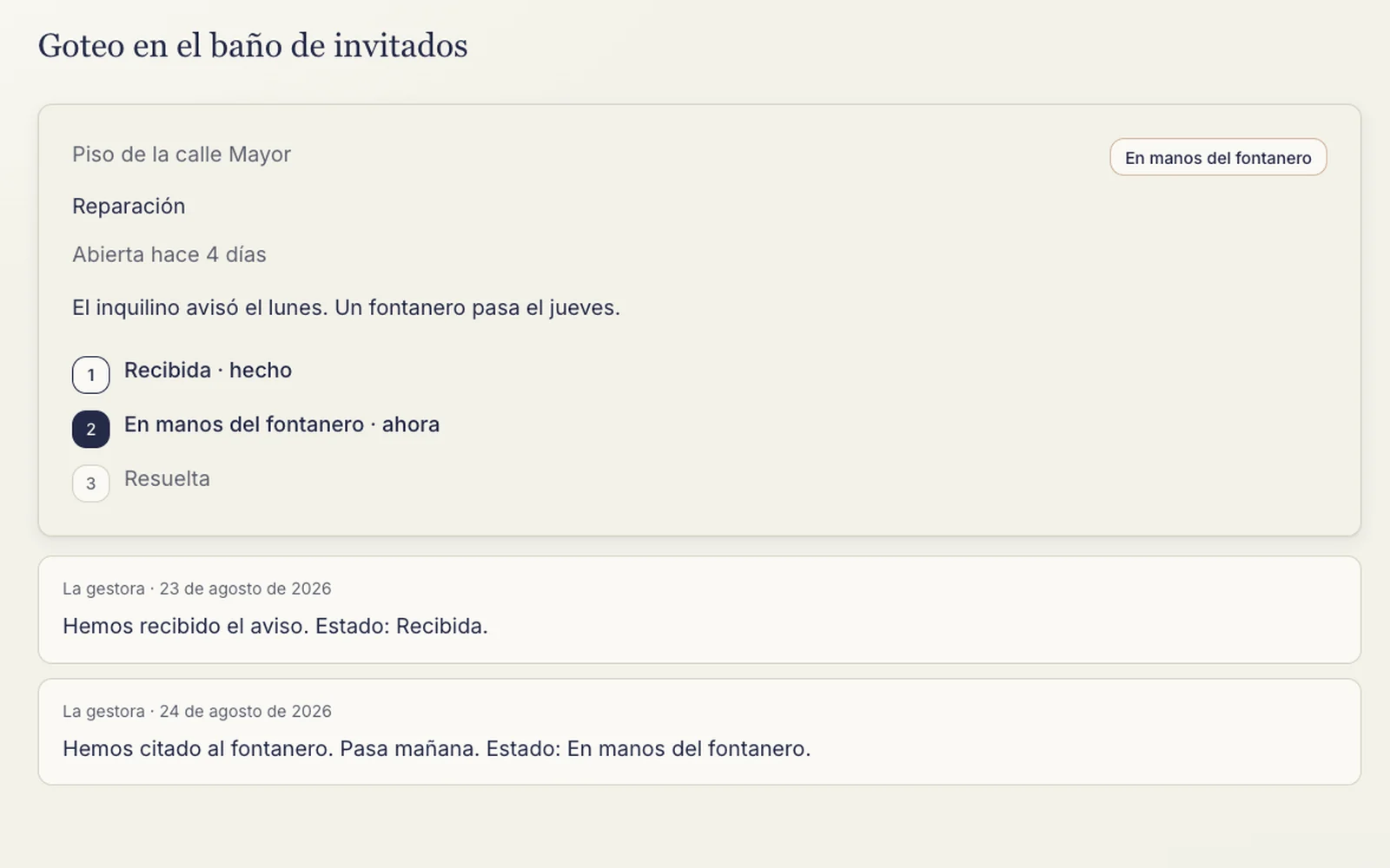 Seguimiento de una avería con sus estados explicados en lenguaje claro