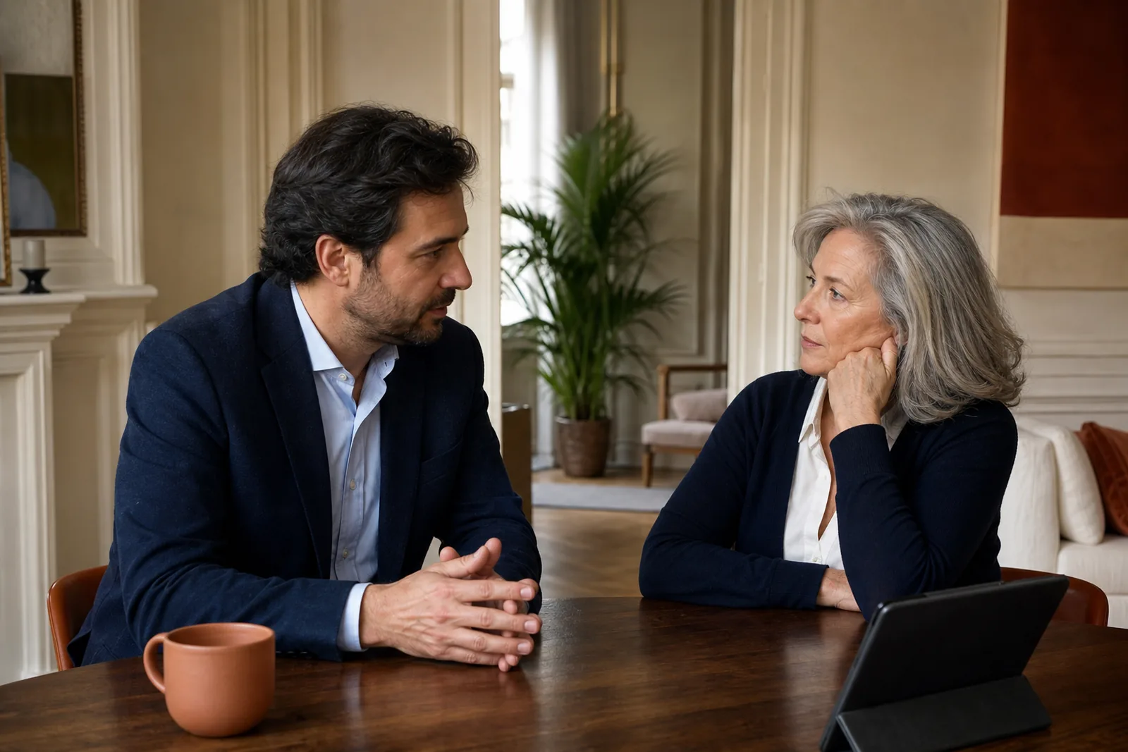 Conversación tranquila entre un gestor y una propietaria